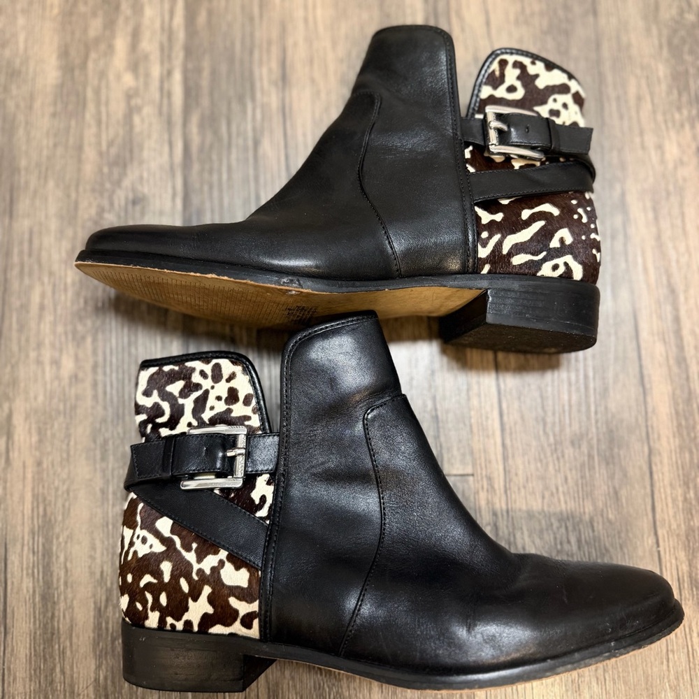 Michael Kors Salem Black Leather Leopard Haircalf Panel Buckle Ankle Booties 6.5 - Picture 3 of 17